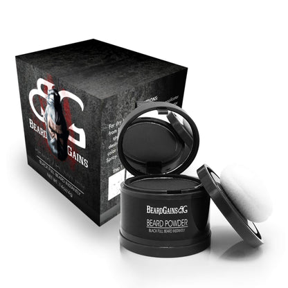 BEARD GAINS Men's Black Temporary Beard Filler, Cover-Up Bald spots, Fill Patches & Add Volume to Facial Hairs Powder | Change Color in Seconds | Easy to Wash (Black Patch & Full Beard Powder)