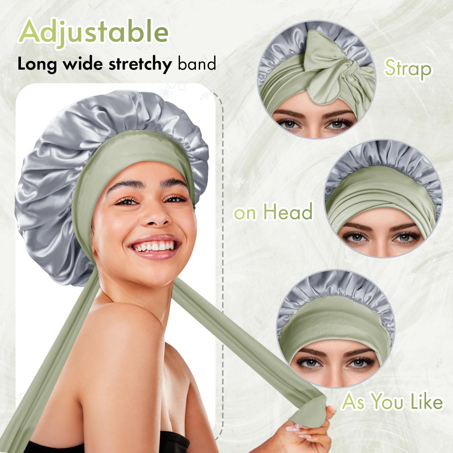 BONNET QUEEN Silk Bonnet for Sleeping Women Satin Bonnet with Eye Mask Non Slip Hair Bonnet for Curly Hair Night Sleep Cap Green+Green