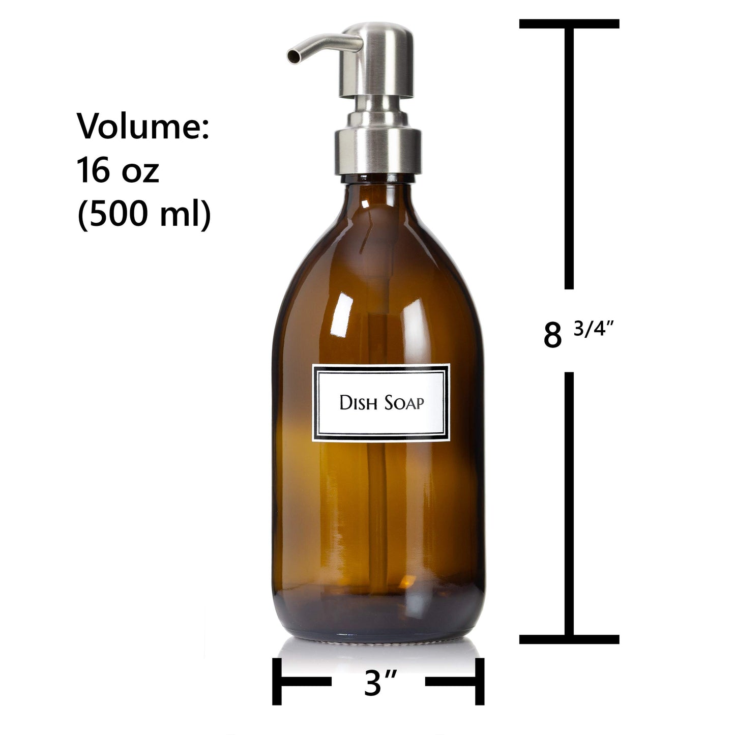 Artanis Home Refillable Amber Glass Dish Soap Dispenser 16 oz – Ceramic Printed Apothecary Bottle with Stainless Steel Pump