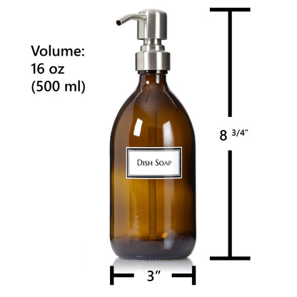 Artanis Home Refillable Amber Glass Dish Soap Dispenser 16 oz – Ceramic Printed Apothecary Bottle with Stainless Steel Pump