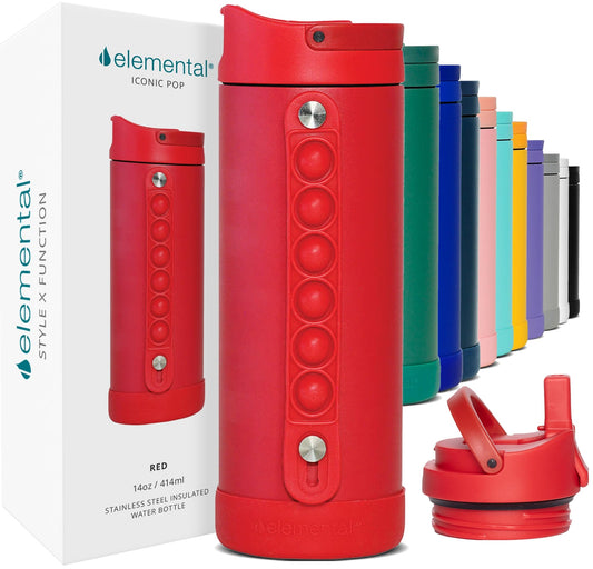 Elemental Iconic Kids Insulated Water Bottle with Straw Lid & Stress Reliever Pop-It Handle, Leak-Proof When Closed Water Bottle Kids - Stainless Steel Water Bottle For Kids, 14oz - Red