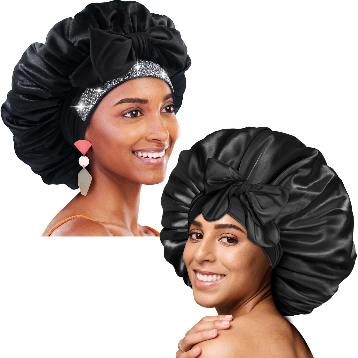 BONNET QUEEN Silk Bonnet and Rhinestone Bling Bonnet,Women Satin Bonnet Hair Bonnet Night Sleep Cap Hair Wrap for Curly Hair with Tie Band