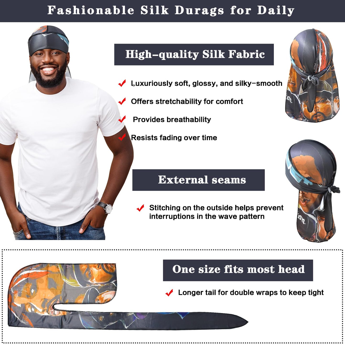 Silk Durags for Men Women, Printed Do Rag with Long Tail Durag Hip Hop Turban Breathable Bandana Hat Satin 360 Waves Durag Do Doo Du Rag Headwrap