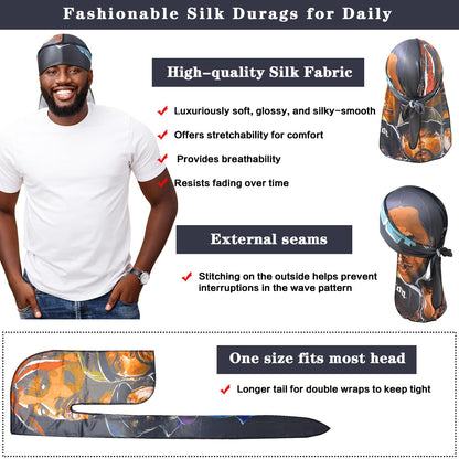 Silk Durags for Men Women, Printed Do Rag with Long Tail Durag Hip Hop Turban Breathable Bandana Hat Satin 360 Waves Durag Do Doo Du Rag Headwrap