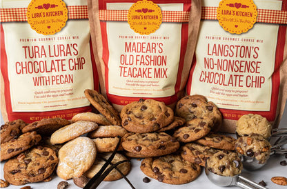 LURA’S KITCHEN IT’S ALL IN THE MIX - Langston’s No-Nonsense Chocolate Chip Premium Gourmet Dry Cookie Dough Mix. American ingredients 100% Responsibly Sourced Semi-Sweet Chocolate Chips. Easy, Fast, No Mess. Homemade Love For Baking, Gifts, Home & Holiday