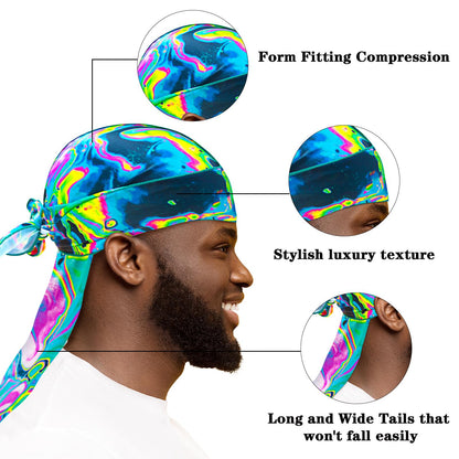 Silk Durag for Men Printed Do Rag with Long Tail Durag Hip Hop Cool Bandana Hat Satin 360 Waves Durag Do Doo Du Rag Headwrap