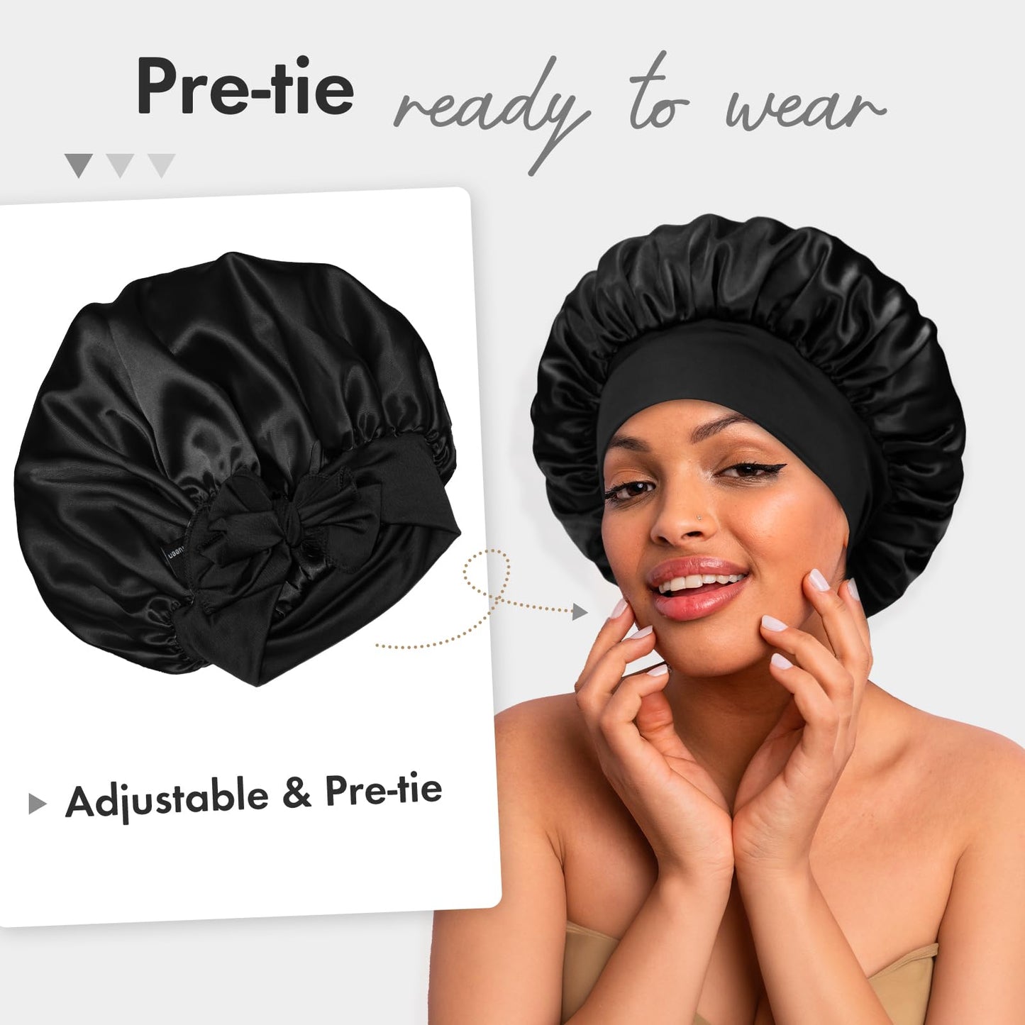 BONNET QUEEN Small Satin Bonnet Silk Bonnet for Sleeping Women Double Layer Reversible Hair Bonnet Adjustable Satin Lined Sleep Cap Wrap with Tie Band, Black