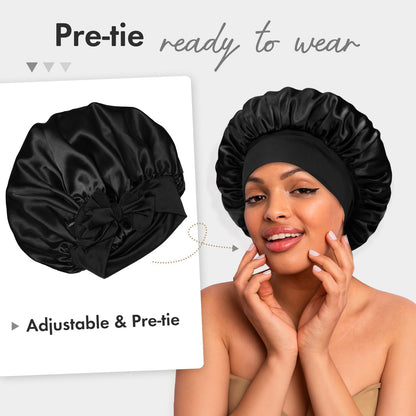 BONNET QUEEN Small Satin Bonnet Silk Bonnet for Sleeping Women Double Layer Reversible Hair Bonnet Adjustable Satin Lined Sleep Cap Wrap with Tie Band, Black