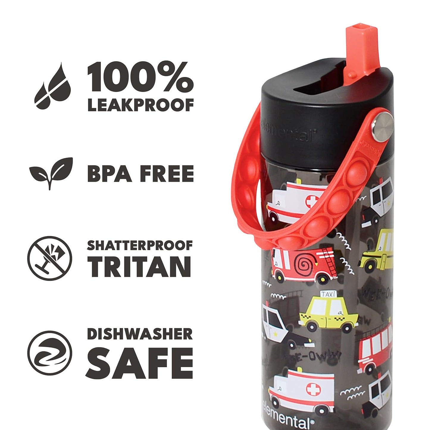 Elemental Leak Proof Water Bottles for Kids - Splash Kids Water Bottle for School with Pop-it Handle - BPA Free Tritan Plastic Reusable Water Bottle with Straw - Service Vechicle - 18oz