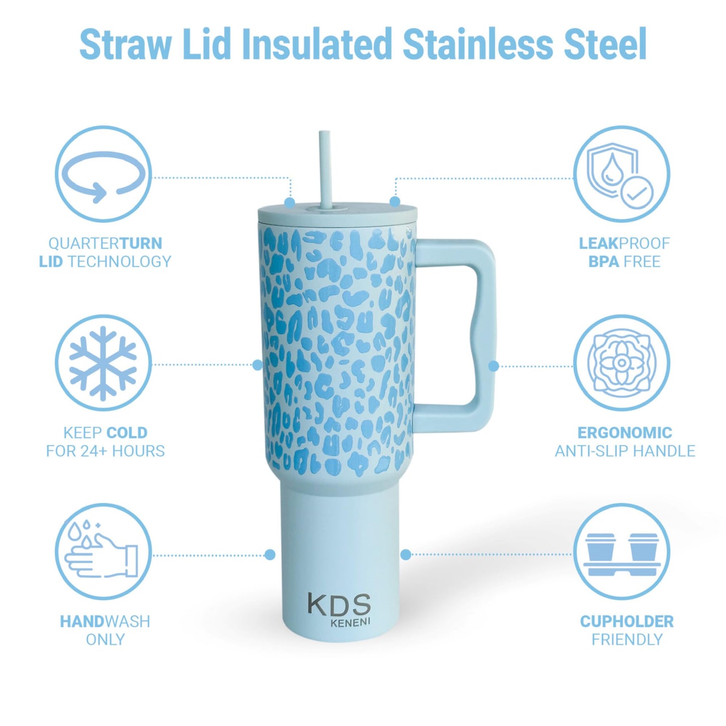 KDS KENENI 40 oz Tumbler Water Bottle with Handle and Straw Lid | Insulated Cup Reusable Stainless Steel | for Women men | Stylish Collection| Leopard Design (Pattern: Sea Glass Sage Leopard)