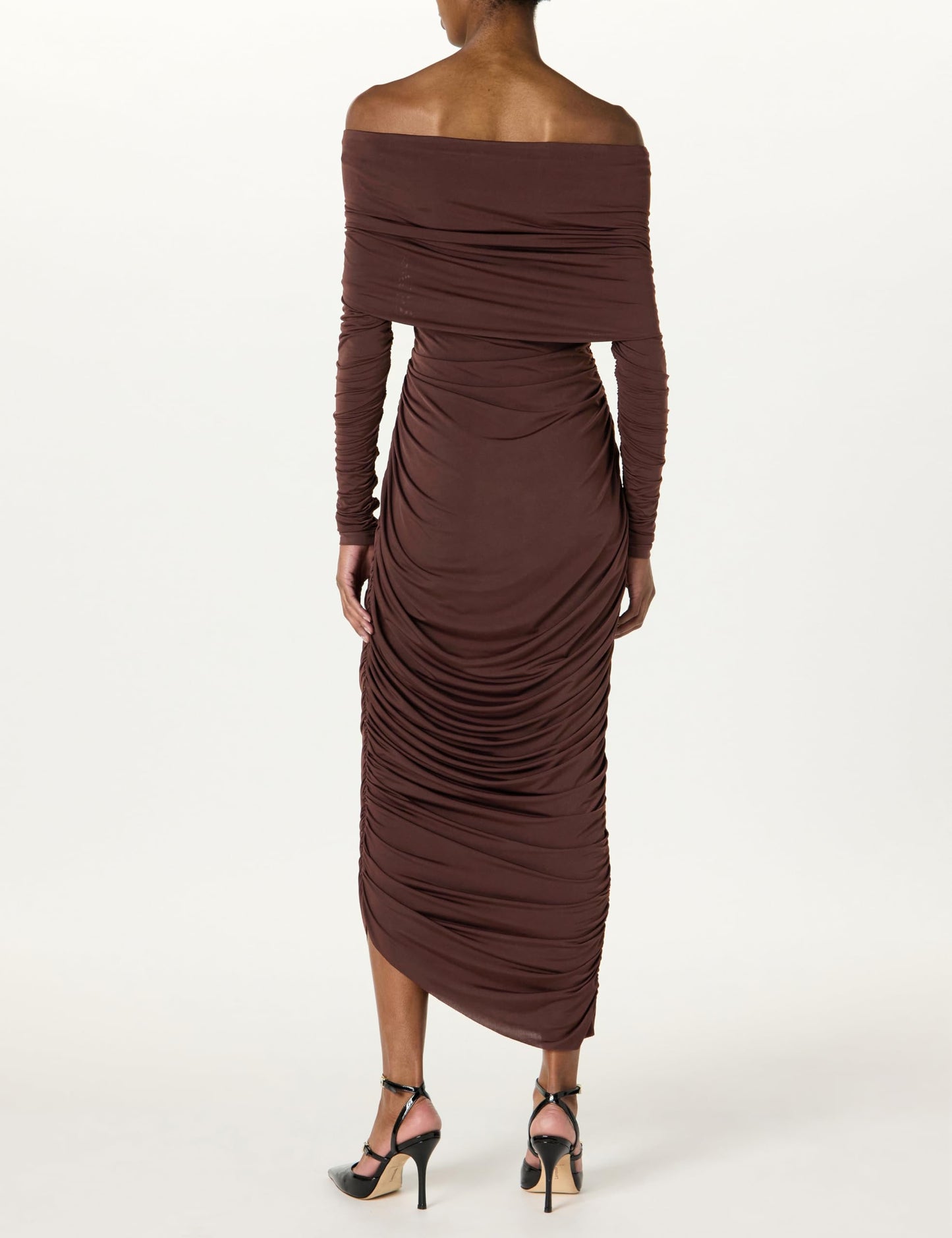 Sergio Hudson, Off Shoulder Layered Ruched Dress, 2, Chocolate
