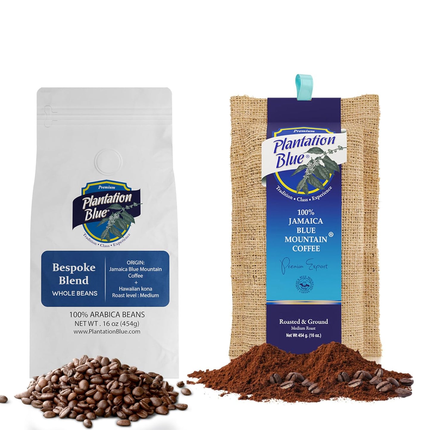 Fusion Elegance Duo: 1lb Jamaica Blue Mountain Ground + 1lb Bespoke Blend Whole Beans Medium Roast Bundle