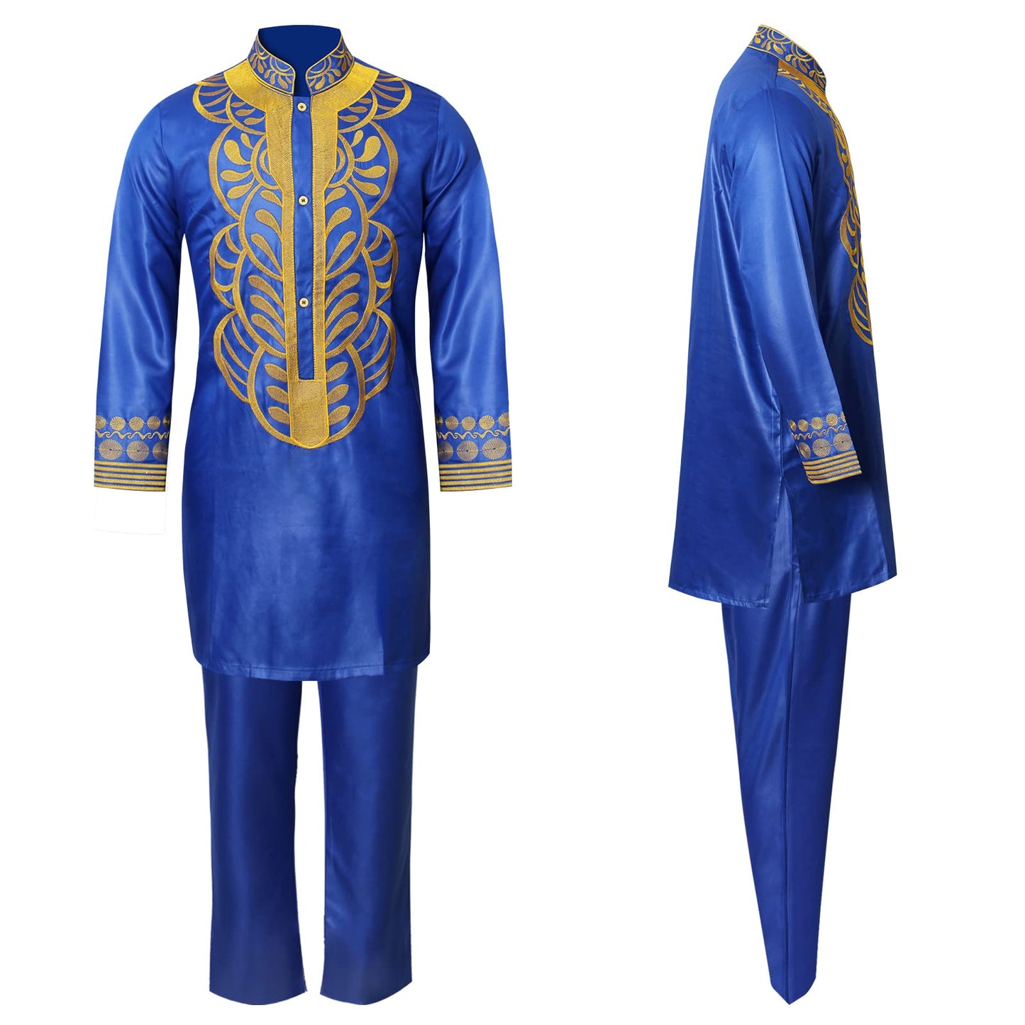 TIDOIRSA African Mens Clothing,Gold Embroidery Men Shirt and Pants Outfit 2 Piece Set (5XL,Blue)