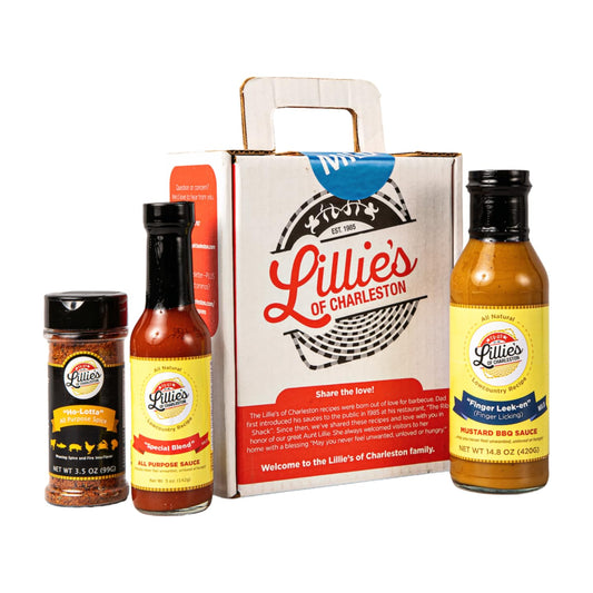 Lillie's of Charleston 3 ct. Mild Variety Gift Box | Special Blend All Purpose Sauce, Finger Leek-en Mustard BBQ Sauce, Ho-Lotta All Purpose Seasoning Blend | 7" x 8.25" x 3.5" Gift box with handle…