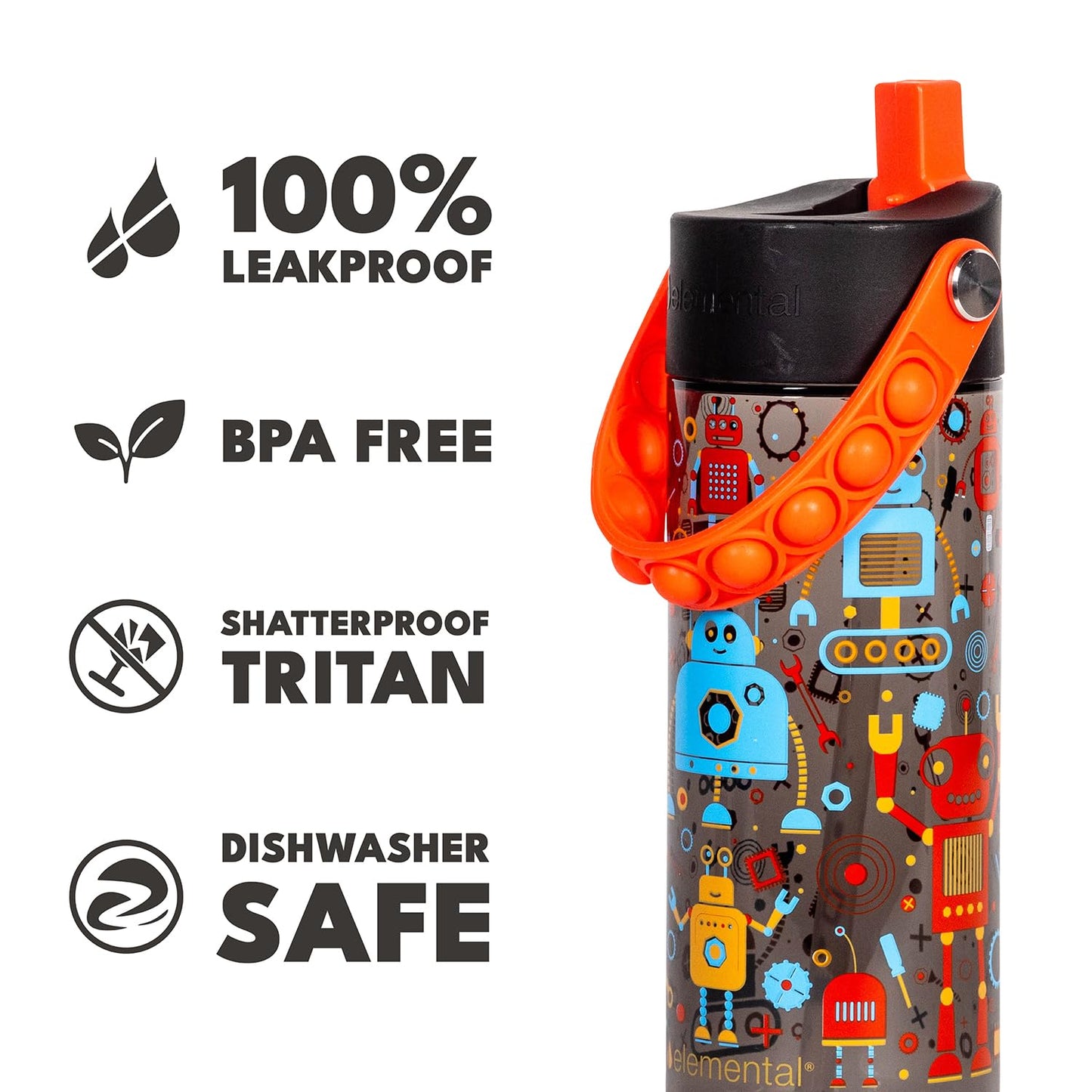 Elemental Leak Proof Water Bottles for Kids - Splash Kids Water Bottle for School with Pop-it Handle - BPA Free Tritan Plastic Reusable Water Bottle with Straw - Blue Robot - 18oz
