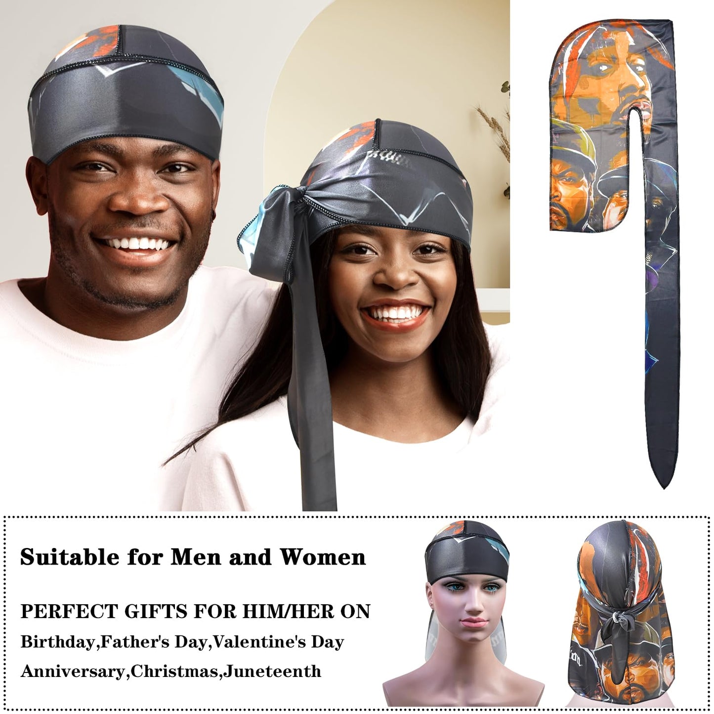 Silk Durags for Men Women, Printed Do Rag with Long Tail Durag Hip Hop Turban Breathable Bandana Hat Satin 360 Waves Durag Do Doo Du Rag Headwrap