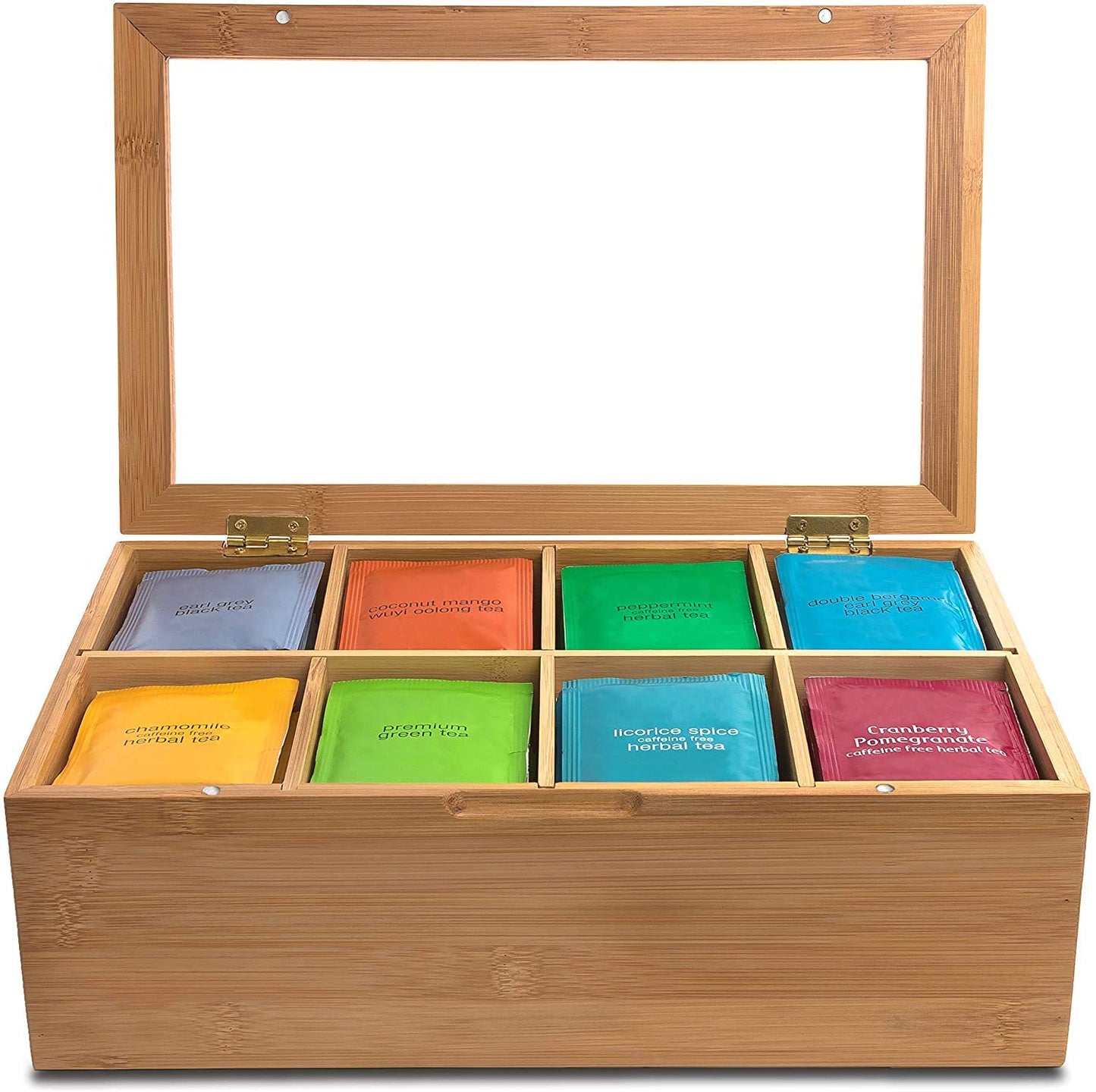 Bamboo Tea Organizer and Storage Box with Magnetic Lid - Clear Acrylic Window for Easy View - Durable Wood Tea Container with 8 Adjustable Compartments - Wood Finish Stackable Holder for Tea packets