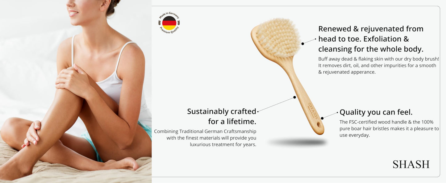 Since 1869 Hand Made in Germany - Smooth 100% Boar Bristle Body Brush, Gently Exfoliates Skin for a Softer, Smoother Complexion, Dry Brush Body Scrubber Promotes Circulation for a Healthy Glow