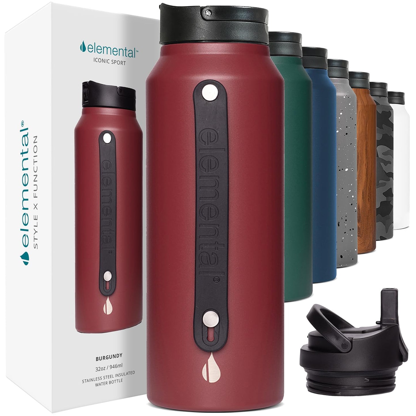 Elemental Iconic Stainless Steel Water Bottle with Straw - 32 oz Leak Proof Triple Wall Insulated Water Bottles for Travel and Sports - Reusable Water Bottle with 2 Straws - Burgundy