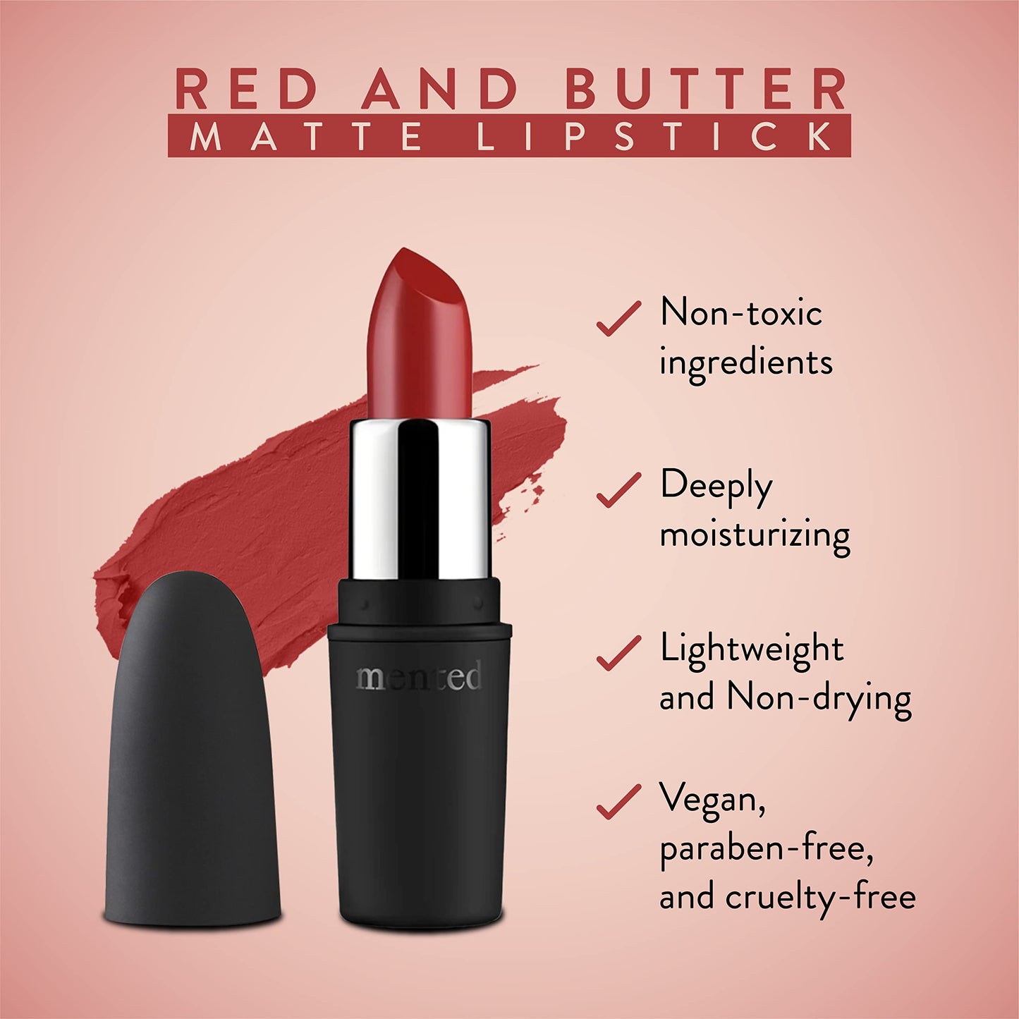 Mented Cosmetics Red Matte Lipstick - Red and Butter Deep Red, Long Lasting Lipstick - Waterproof, Dark Red Lip Stain - Red Lipstick - Smudgeproof Matte Red Lipstick for 24 Hour Stay - Dark Lip Color