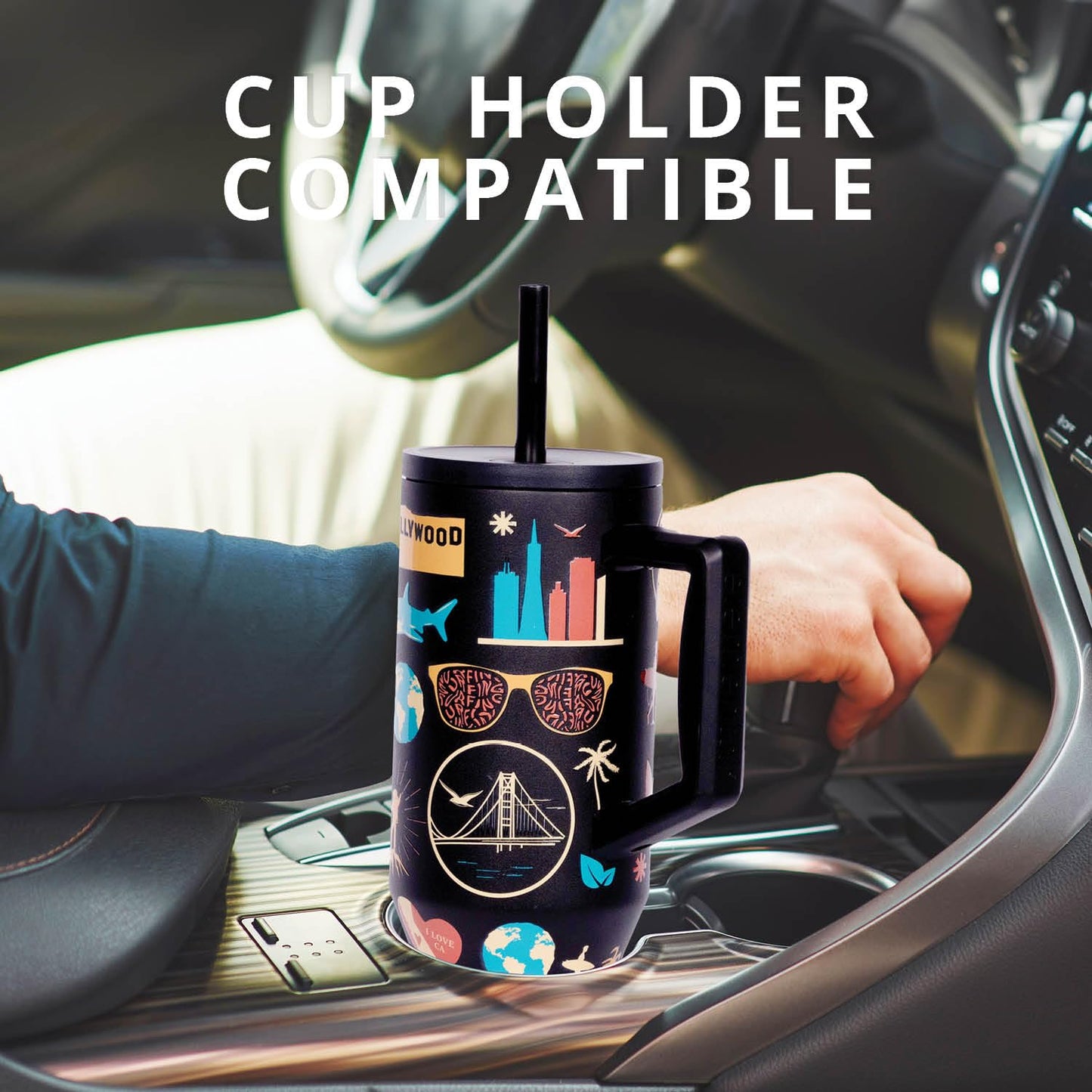 Elemental 40 oz Tumbler with Handle and Straw - Spill Proof Insulated Stainless Steel Commuter for Hot and Cold Beverages - Travel Coffee Mug with 2 Straws & Spill Proof Lid - 40oz-California Dreaming