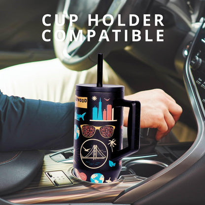 Elemental 40 oz Tumbler with Handle and Straw - Spill Proof Insulated Stainless Steel Commuter for Hot and Cold Beverages - Travel Coffee Mug with 2 Straws & Spill Proof Lid - 40oz-California Dreaming