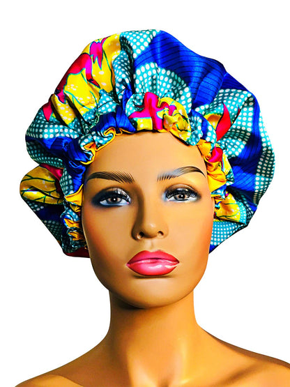 2Chique Boutique Women's African Ankara Print Satin Bonnet Multi Color Patterns (White/Black, Regular)