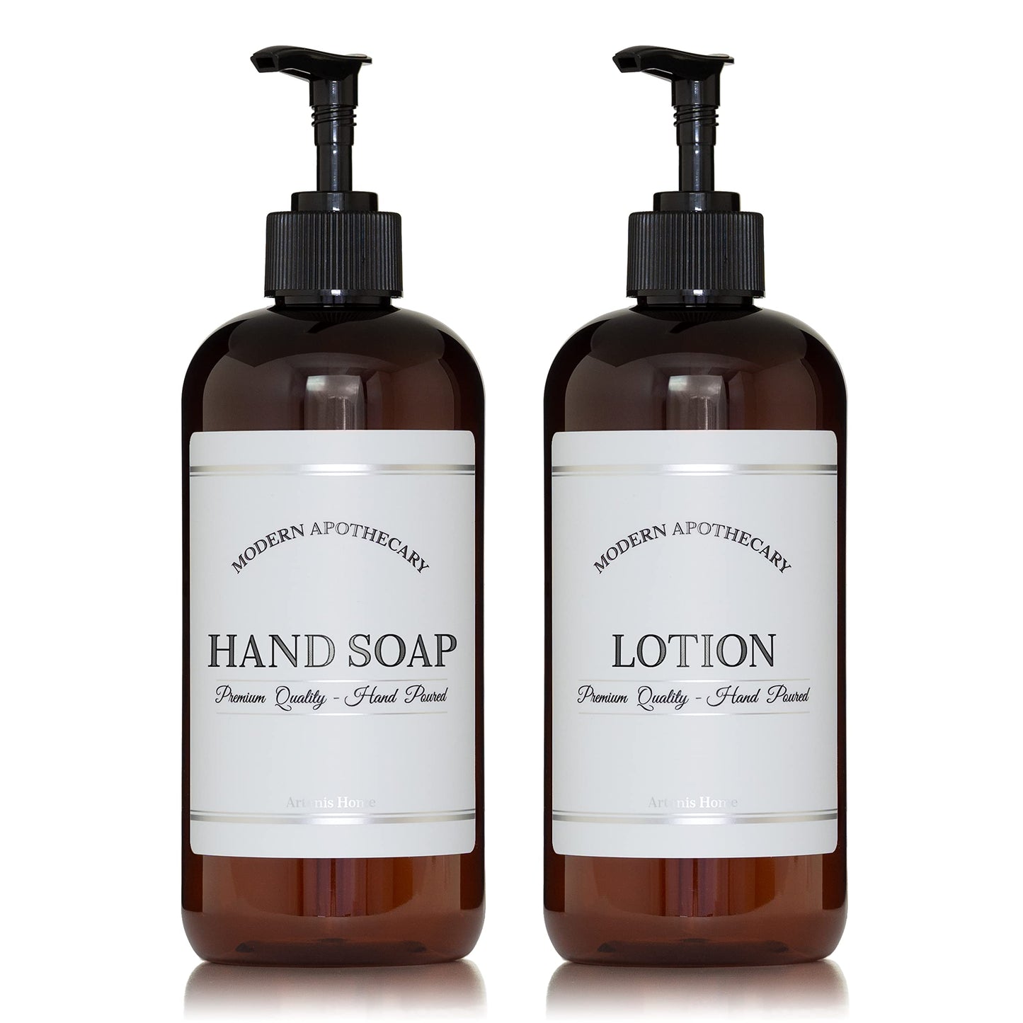 Amber Refillable Hand Soap and Lotion Dispenser Set for Bathroom Sink - PET Plastic Pump Bottles with Labels for Soap and Lotion - Waterproof Labels - 16 oz, 2 Pack (Black Plastic)