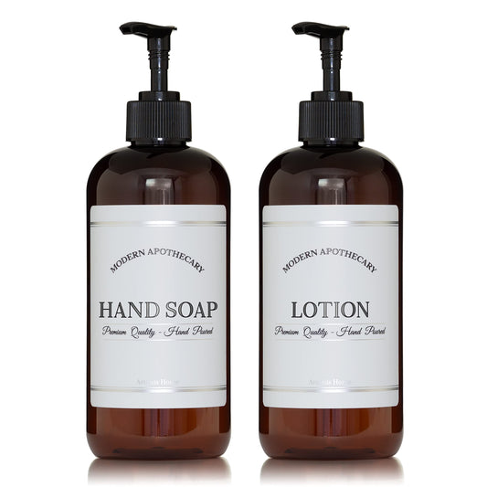 Amber Refillable Hand Soap and Lotion Dispenser Set for Bathroom Sink - PET Plastic Pump Bottles with Labels for Soap and Lotion - Waterproof Labels - 16 oz, 2 Pack (Black Plastic)