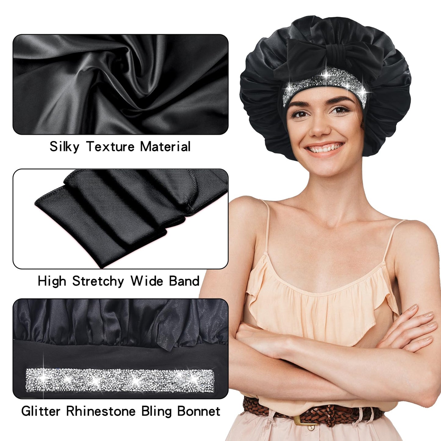 BONNET QUEEN Silk Bonnet and Rhinestone Bling Bonnet,Women Satin Bonnet Hair Bonnet Night Sleep Cap Hair Wrap for Curly Hair with Tie Band
