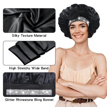 BONNET QUEEN Silk Bonnet and Rhinestone Bling Bonnet,Women Satin Bonnet Hair Bonnet Night Sleep Cap Hair Wrap for Curly Hair with Tie Band