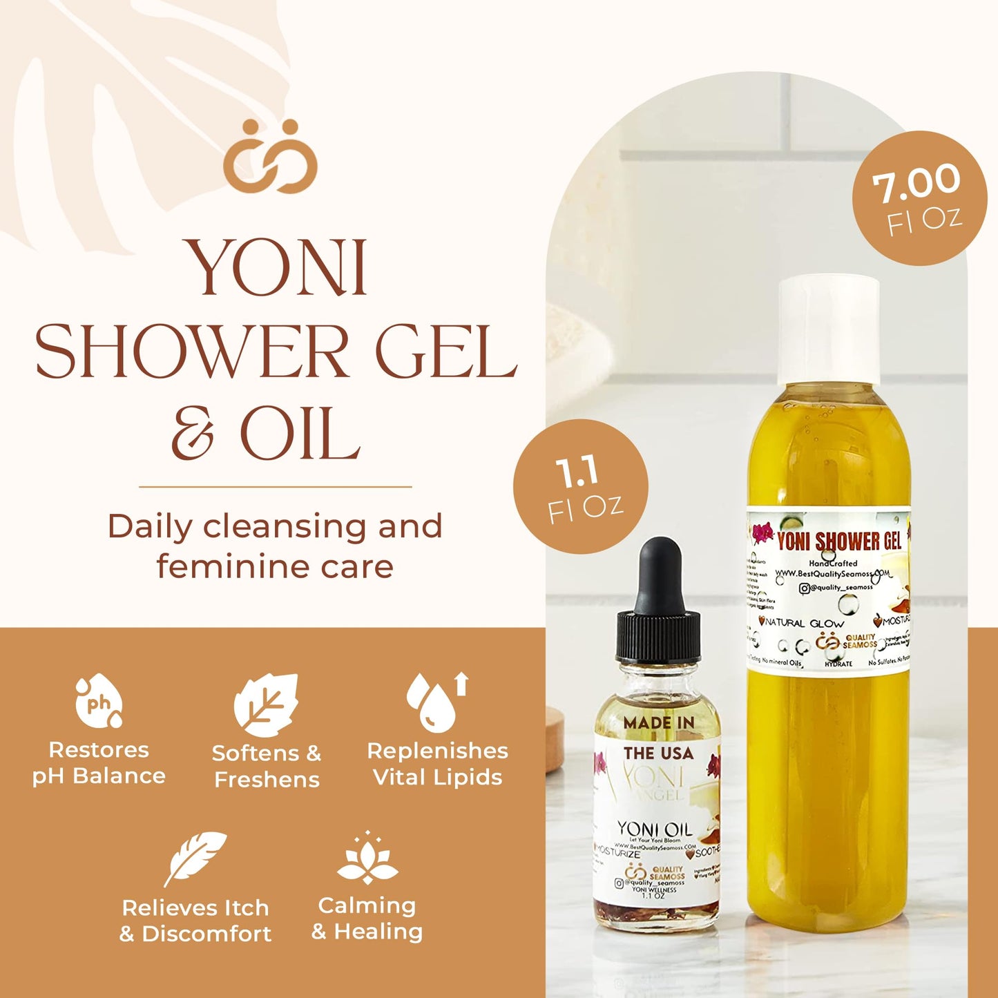 Yoni Wash Shower Gel (7 oz) and Yoni Oil (1.1 oz) Bundle, Includes Body Wash for Cleansing and Feminine Care Oil for pH Balance and Odor Control, Natural Feminine Hygiene Products, Body Care Bundle