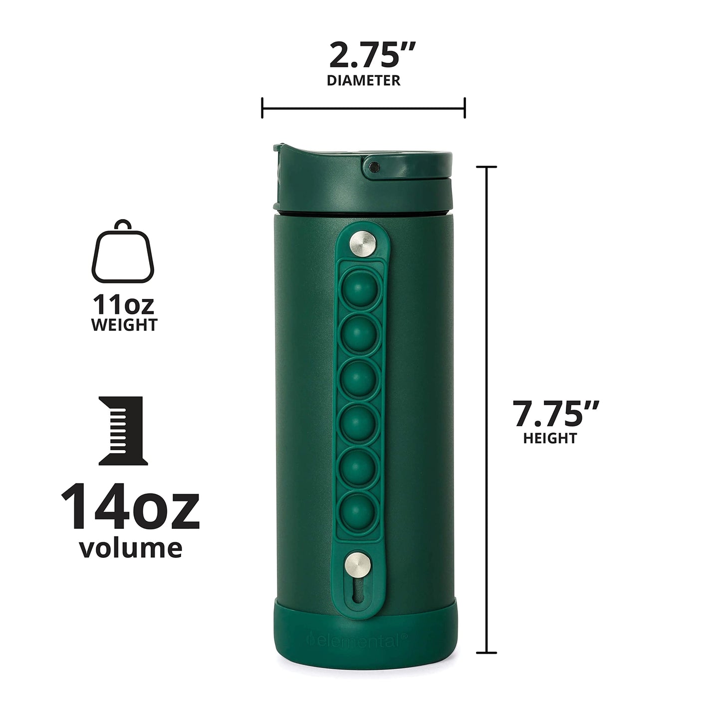 Elemental Iconic Kids Water Bottle with Straw Lid & Stress Relief Pop It Handle, Leak-Proof When Closed, Triple Insulated Kids Stainless Steel Water Bottle For Girls and Boys, 14oz - Forest Green