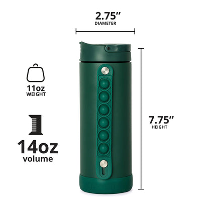 Elemental Iconic Kids Water Bottle with Straw Lid & Stress Relief Pop It Handle, Leak-Proof When Closed, Triple Insulated Kids Stainless Steel Water Bottle For Girls and Boys, 14oz - Forest Green