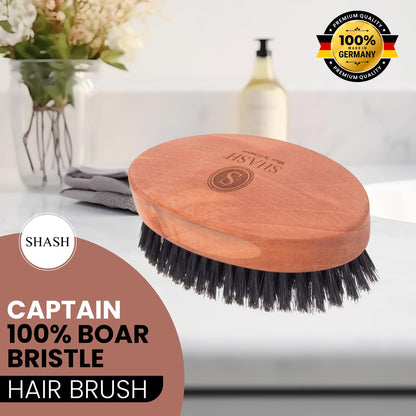 SHASH Captain 100% Boar Bristle Hair Brush - Made in Germany | Naturally Conditions, Improves Texture, and Stimulates the Scalp | Ideal for Thin to Normal Hair