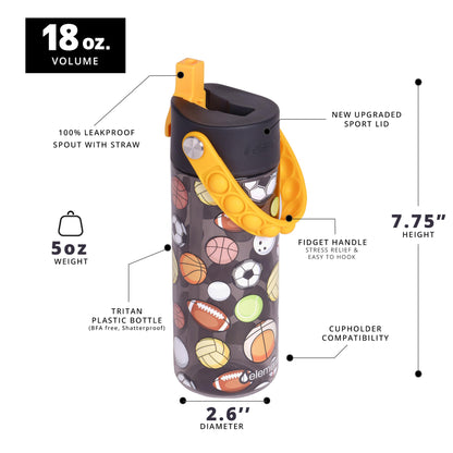 Elemental Leak Proof Water Bottles for Kids - Splash Kids Water Bottle for School with Pop-it Handle - BPA Free Tritan Plastic Reusable Water Bottle with Straw - Sports Ball - 18oz