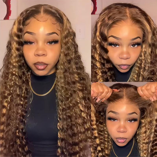 BLY Wear and Go Glueless Wigs Human Hair Pre Plucked HD Transparent Pre Cut Lace Front Wigs Deep Wave Curly Hair 4/27 Ombre Chestnut Brown to Honey Blonde Highlights Hair for Women 26 Inch