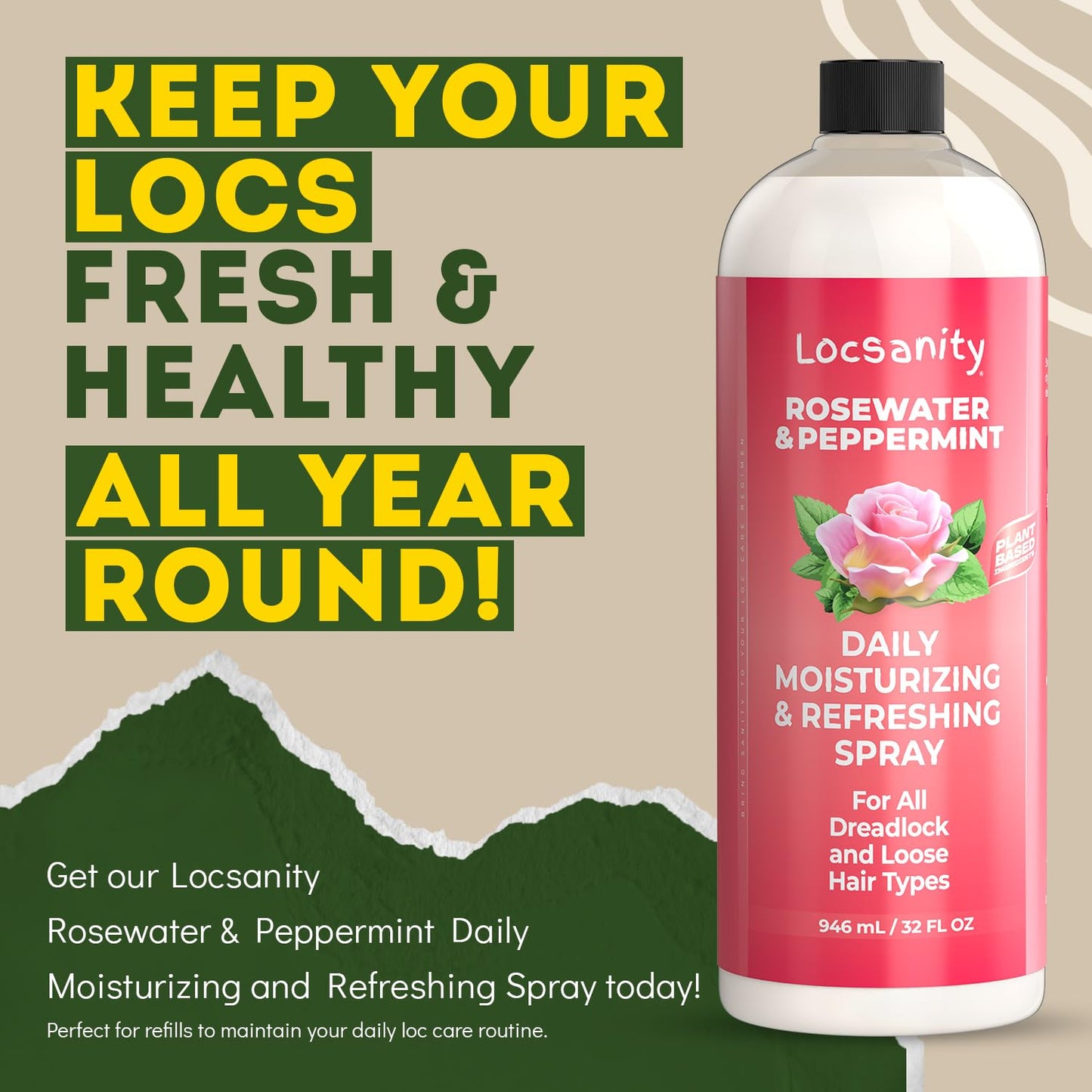Locsanity Rosewater and Peppermint Daily Moisturizing Spray – Jumbo Size Hydrating Dreadlock Spray to Nourish the Scalp and Protect Hair From Oil and Buildup (32oz)