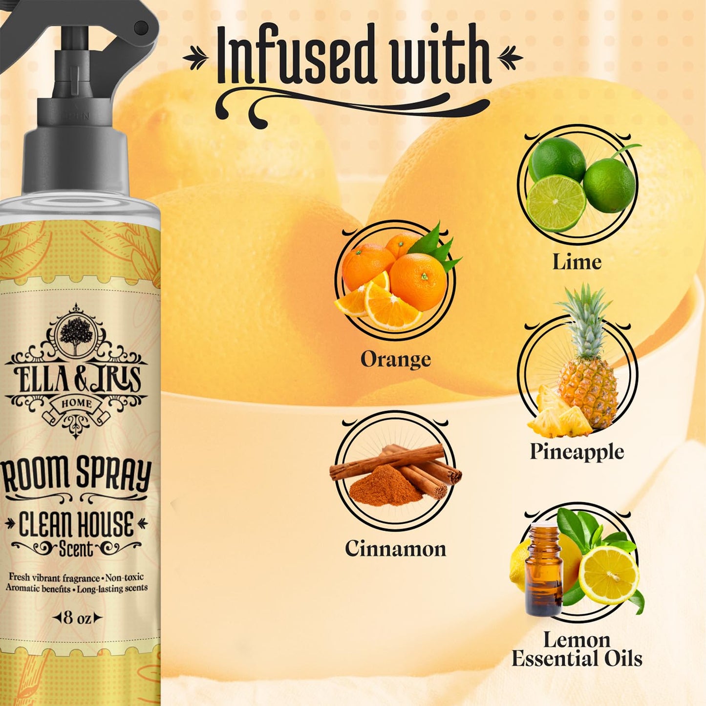 Ella & Iris Home Air Freshener Spray with Clean House Scent - Relaxing Citrus Mist for Home & Room Fragrance - Aromatherapy Benefits & Non-Toxic Air Freshener (8oz)