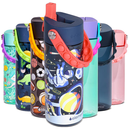 Elemental Leak Proof Water Bottles for Kids - Splash Kids Water Bottle for School with Pop-it Handle - BPA Free Tritan Plastic Reusable Water Bottle with Straw - Space - 18oz