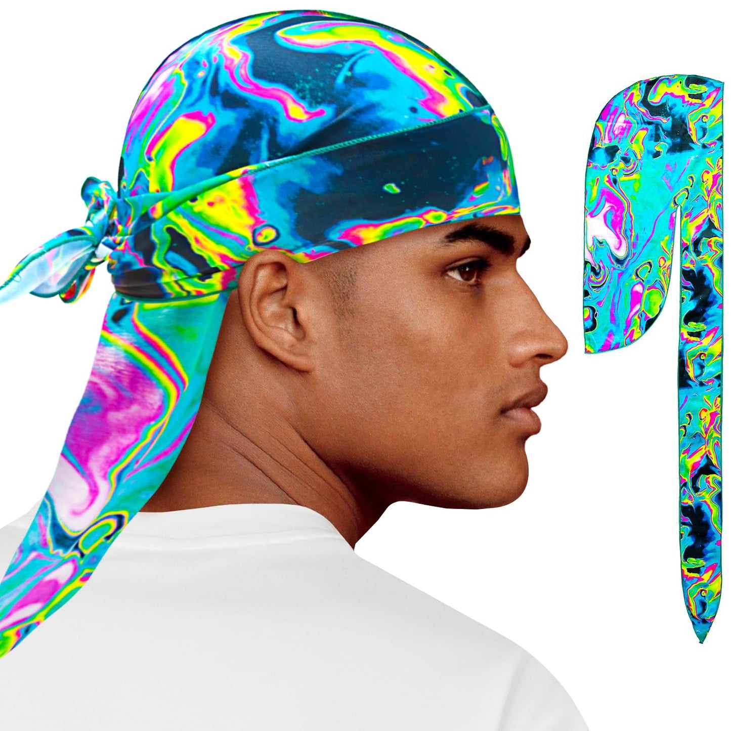 Silk Durag for Men Printed Do Rag with Long Tail Durag Hip Hop Cool Bandana Hat Satin 360 Waves Durag Do Doo Du Rag Headwrap