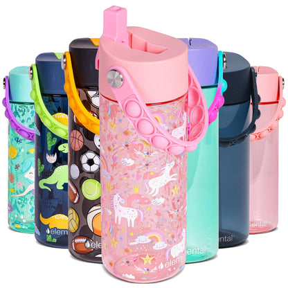 Elemental Leak Proof Water Bottles for Kids - Splash Kids Water Bottle for School with Pop-it Handle - BPA Free Tritan Plastic Reusable Water Bottle with Straw - Pink Unicorn - 18oz