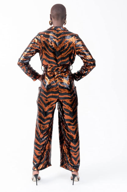 Pantora Women's Marina Sequin Jumpsuit, Tiger Print, Medium