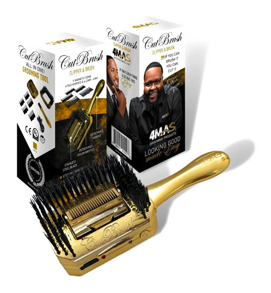 4MAS Self-Grooming Hair and Beard Cutting Hairbrush, (CutBrush Gold Mod 3) 5 Comb Attachments and Charging Cable Included