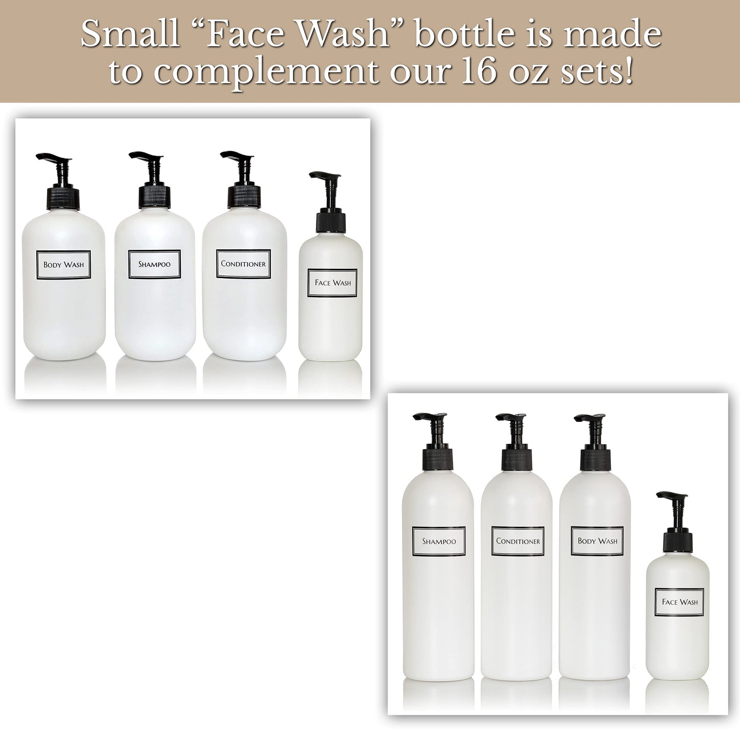 Artanis Home Silkscreened Empty Small Face Wash Bottle, 8 oz, White (Black Pump)
