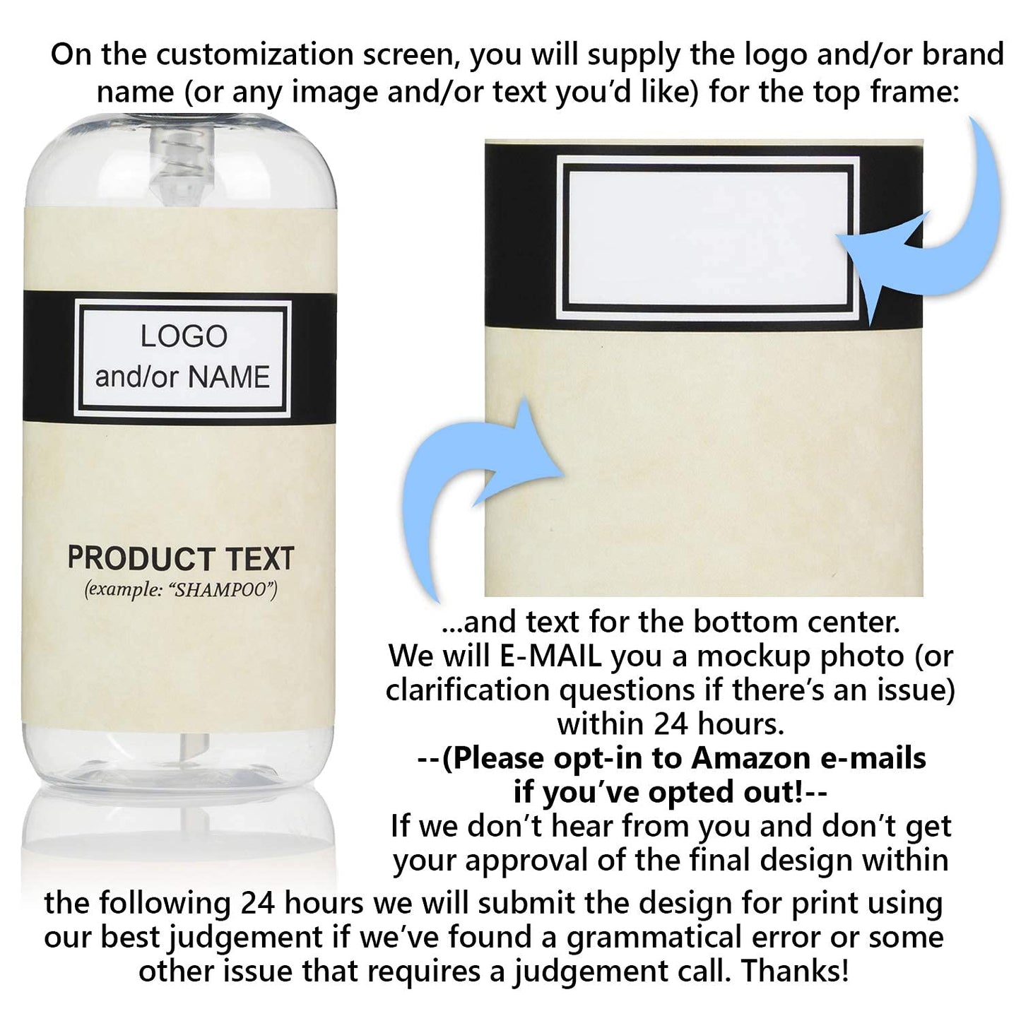 Artanis Home 10-Pack Customized PET Plastic Refillable Pump Bottles with Black and Tan Design Waterproof Labels and Black Pumps, Clear