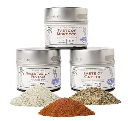 Mediterranean Gourmet Seasoning Collection | Non GMO Verified | 3 Magnetic Tins | Artisan Spice Blends and Sea Salts | Crafted in Small Batches by Gustus Vitae | #78