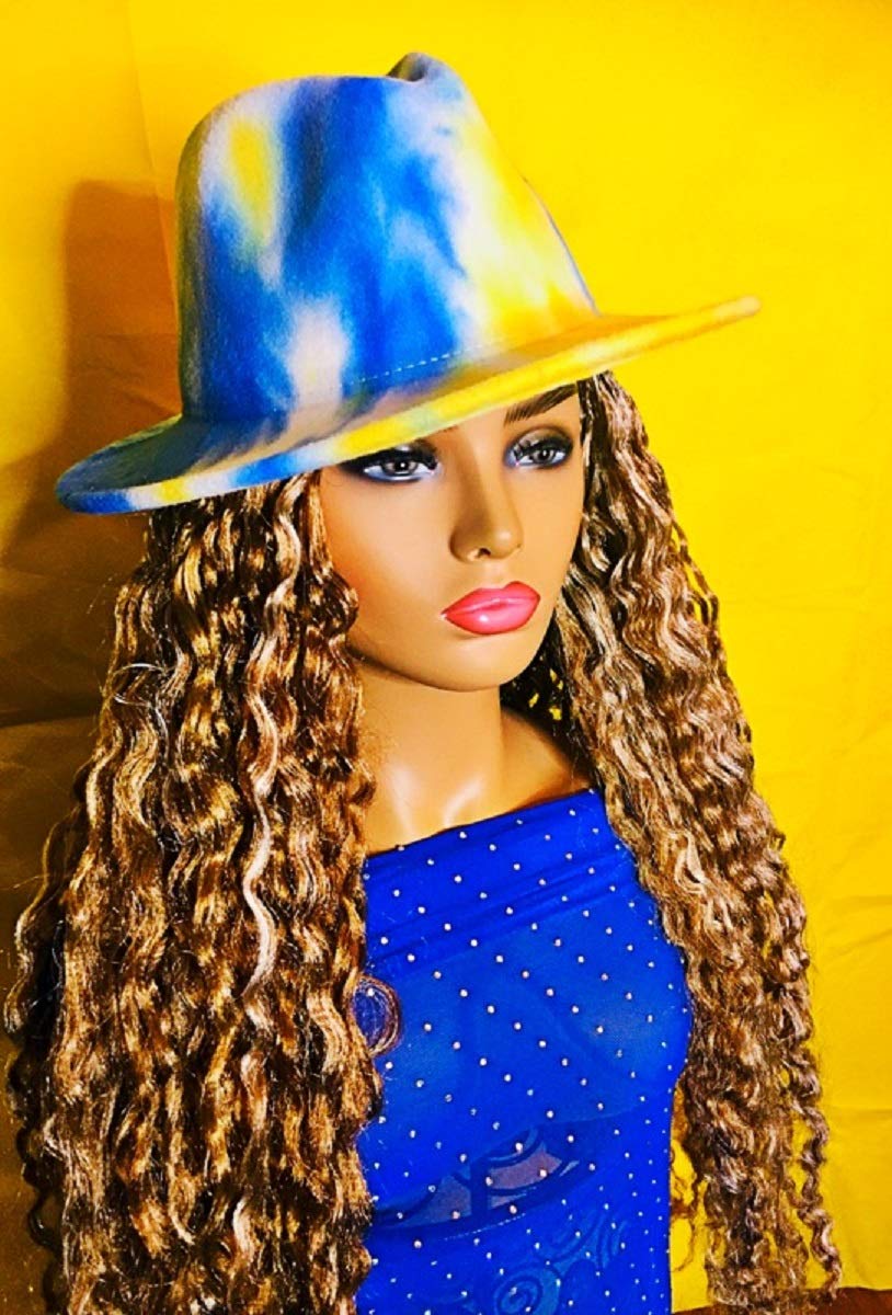 2Chique Boutique Women's Royal Blue and Yellow Tie Dye Retro Panama Style Fedora