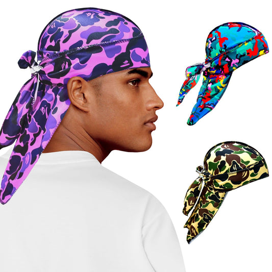 3Pcs Silk Durag for Men Designer Durag for Women Camouflage Silky Cap Rags Hip Hop Turban Hair Wrap for Sleeping Dorag