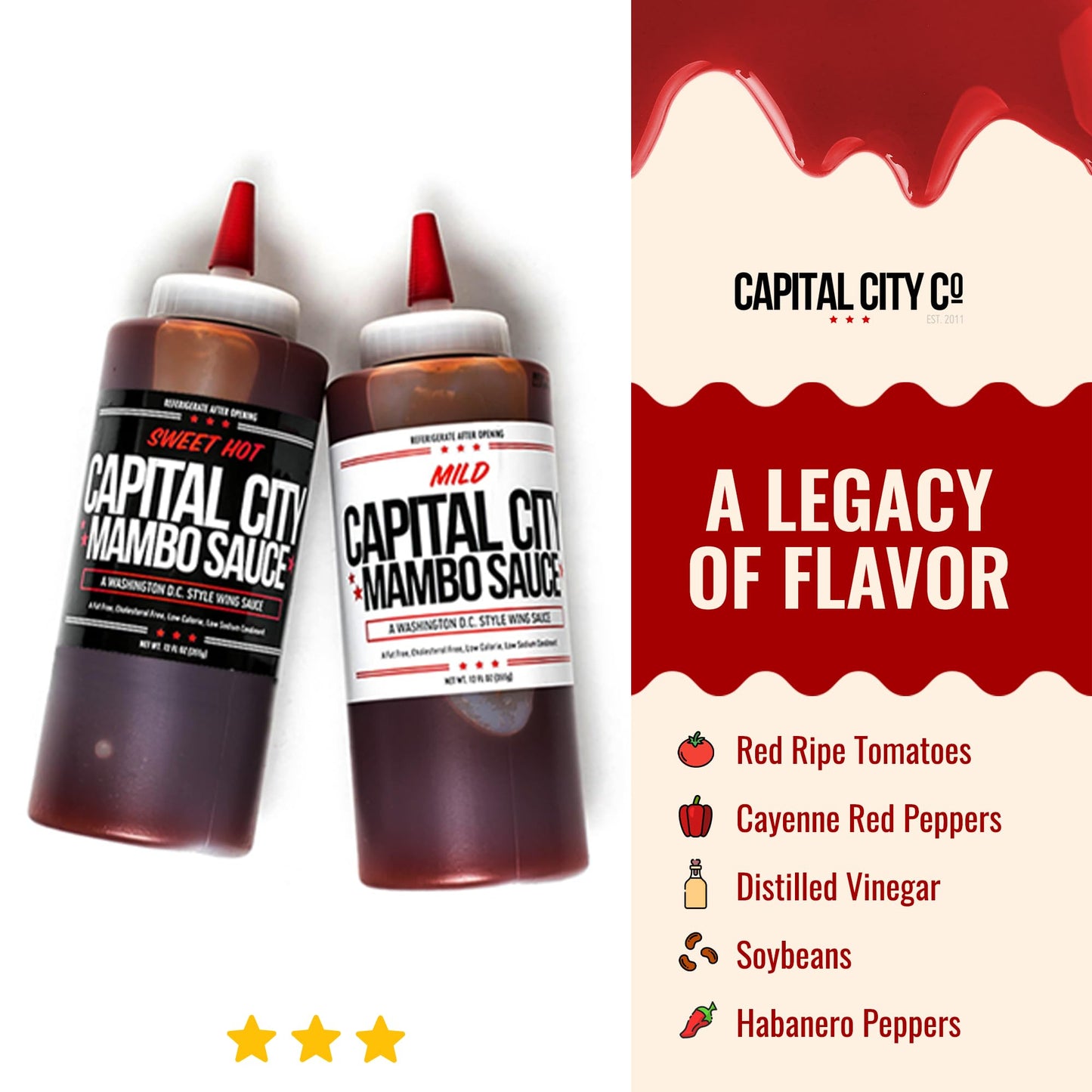 Capital City Mambo Sauce Sweet Hot & Mild Variety Pack, Washington DC Wing Sauces, Perfect Condiment for Wings Chicken Pork Beef Seafood Burgers Rice or Noodles, 12oz (2 Pack)